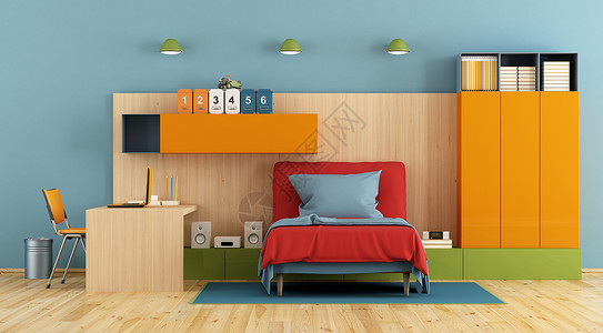 多孩椅子孩现代的青少年卧室青少年卧室单张床办公桌笔记本和木制板3d的架子设计图片