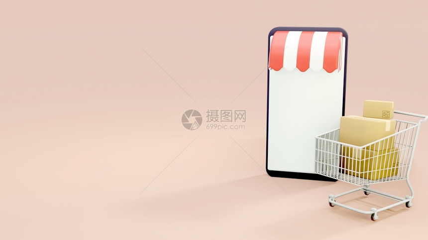 购物车在附近的空白智能屏幕上铺满了箱子3D展示在线购物概念的图例这辆购物车零售盒子数字的图片