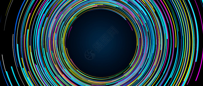 紫鹊界梯田黄色的蓝绿黄和紫线条的背景在黑色上以圆圈旋转形成纹理3D插图蓝色黄和紫线条在黑背景上以圆圈旋转的背景插图界未来派设计图片