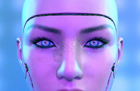 眼皮发光的3D一个女机器人的3D面对一个蓝背景的女机器人3D脸智力设计图片