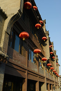 西安市心带有红灯的国古老建筑物造学旅行背景图片