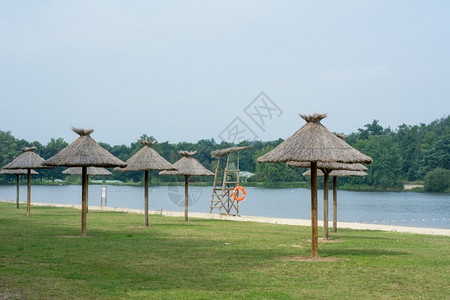 海滩空的景观湖边阳伞图片