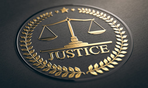 月桂树公司的单词金子正义尺度在黑纸背景三维插图3D中刻着金宝石的符号设计正义法律与平等是黑背景中的象征设计图片