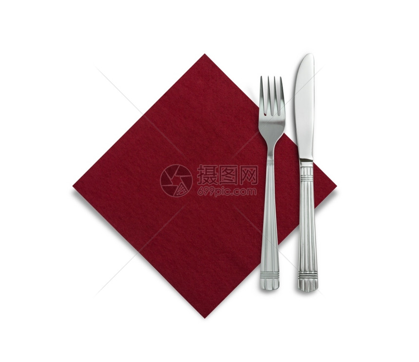 在白色背景上被孤立的蓝布中叉子和刀盘餐巾白色的图片