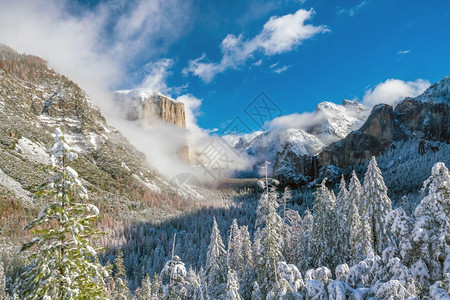 蓝色的美国加利福尼亚州Yosemite公园冬季的美丽景象塞拉绿色图片