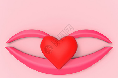红色性感嘴唇情人3d将红心放在嘴唇形状的物体上以空间粉红色墙作为背景欲望魅力设计图片