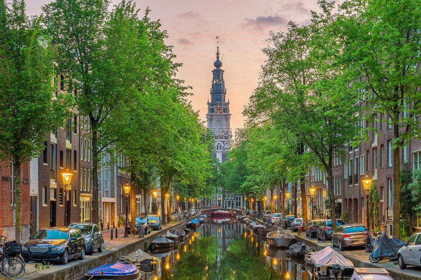 景观屋阿姆斯特丹市下城天线日落时荷兰的城市风景地标图片