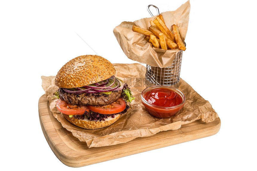 菜单热的提供餐盘食堂带肉的汉堡木板上煎土豆食物图片