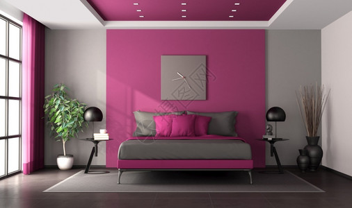 紫色和灰主卧室配有调制器双床3D折紫和灰色主卧室地毯枕头双倍的背景图片