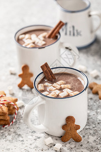 甜点热巧克力或加牛奶和棉花糖的可饮料早餐白色的图片