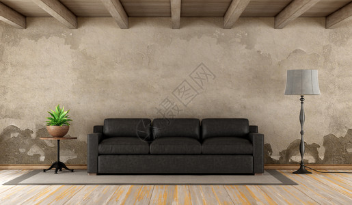 黑色的背墙上皮革沙发的回程客厅3D长椅地面图片
