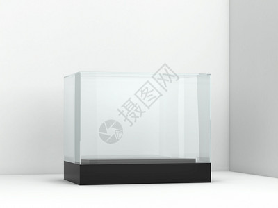 黑猫透明素材博物馆商品站立空玻璃显示3d插图以白色背景隔开设计图片
