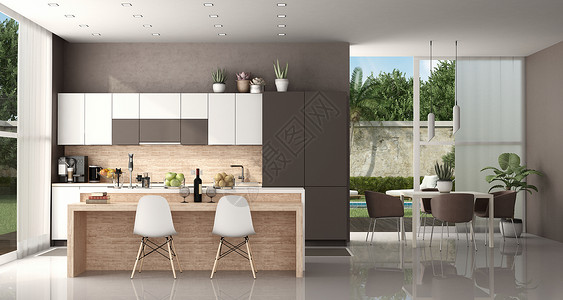 木制的白色带岛屿现代别墅厨房和带椅子的餐桌3d渲染现代别墅的厨房配饰图片