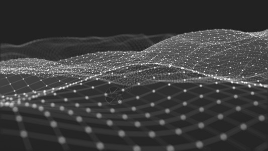 波浪点由点粒子和网状组成的远期背景空间中抽象数字波和亮平方颗粒的3D交接数据量巨大活力几何的丛背景