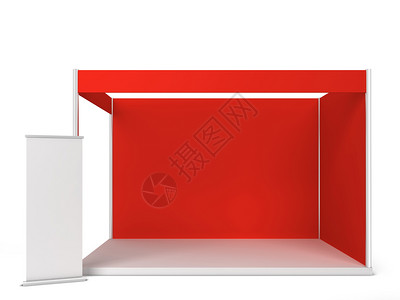 广告展位卷空的商业以白色背景孤立的3D插图标语进行交易展示的台设计图片