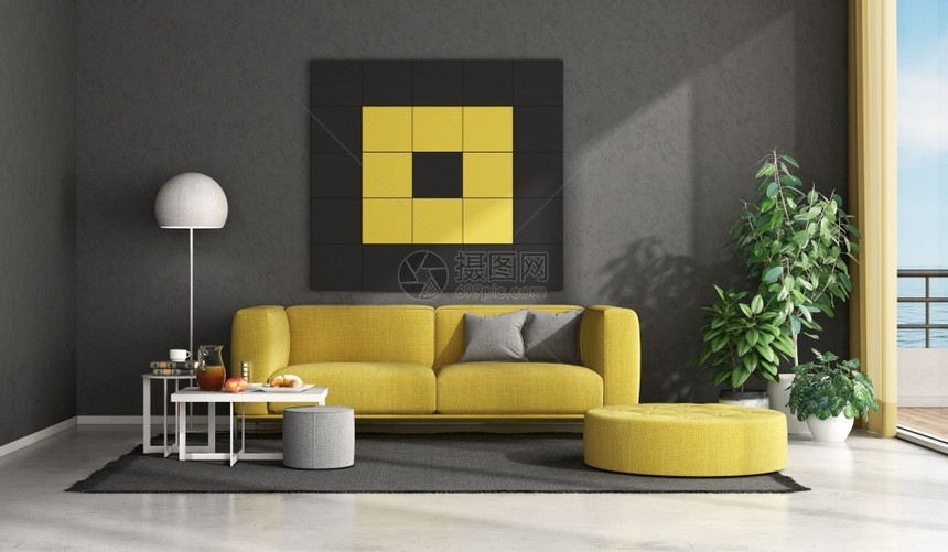 室内植物优雅的带有沙发脚凳和咖啡桌的黑色黄现代客厅3D制成黑和黄色现代客厅休息室图片