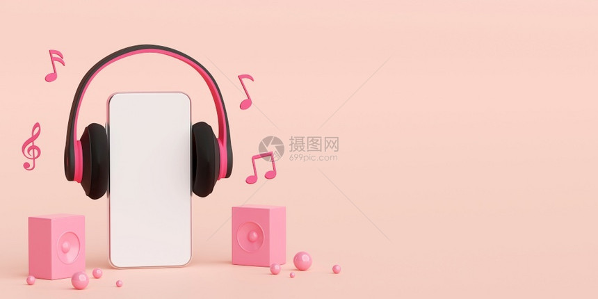 声音的软件播送在智能手机应用程序3D插图上的音乐流图片