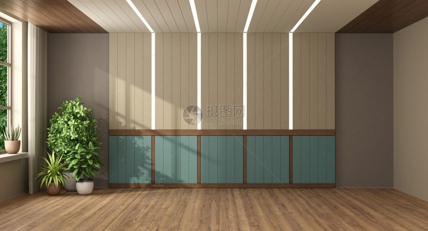 蓝色和米格木制板在空房间里用带光的灯3D型空房用带光的木板渲染窗帘植物图片