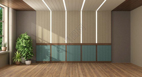 蓝色和米格木制板在空房间里用带光的灯3D型空房用带光的木板渲染窗帘植物设计图片