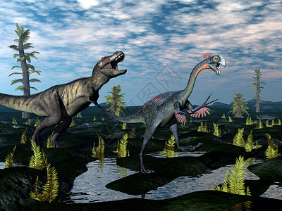 暴龙雷克斯在白天攻击树和尼帕植物中的恐龙3D化石逃跑灭绝历史图片