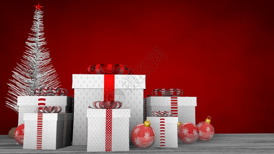 椰丝球在室内木制的颜色白地板上带丝和红色蝴蝶结的一组白色礼品盒的前视图上面装饰着红色球和背景上的白圣诞树3D插图白色木地板上带丝和红色设计图片