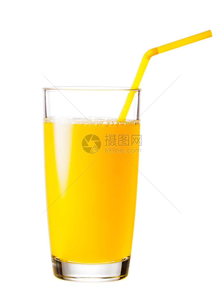 管子满杯橙汁在白色背景上隔离一根稻草满杯橙汁加上一根稻草浇注成熟图片