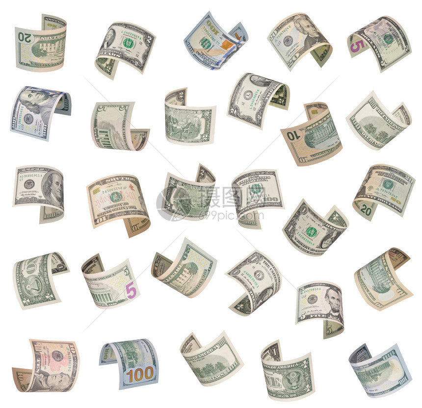 金融的白背景孤立一套飞美钞票数富兰克林联邦图片