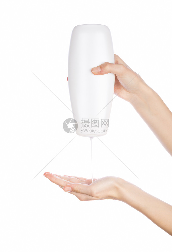 白色背景隔离时手头的白色淋浴凝胶润滑霜白瓶美丽保持洗发水图片