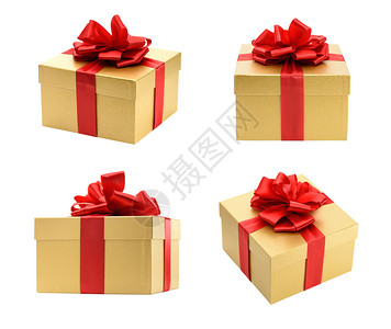 情人节正方形购物白色背景的金礼品盒收藏夹孤立于白色背景图片