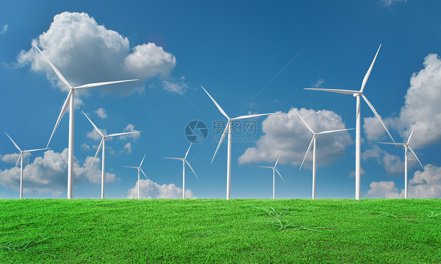 干净的力量蓝色天空背景风车生态动力绿色能源技术概念的风力涡轮机场地图片