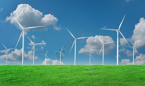 干净的力量蓝色天空背景风车生态动力绿色能源技术概念的风力涡轮机场地图片