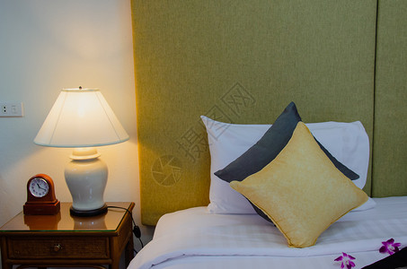 公寓自在毯子现代卧室的床铺枕头和灯具图片
