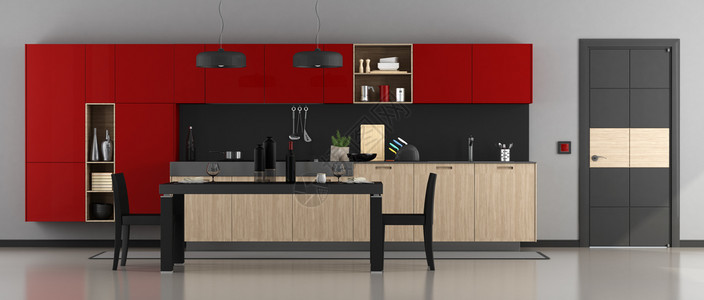 木头眼镜红黑现代厨房配有餐桌椅子和闭门现代的背景图片