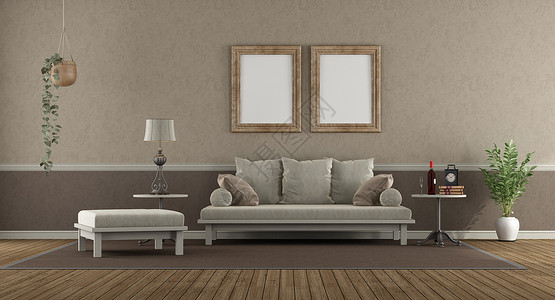 墙硬木有沙发脚凳和咖啡桌的高级客厅3D使优美客厅具有经典风格灯图片
