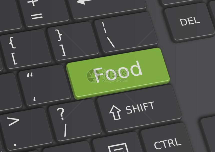 沟通键盘上的绿色写着食品的字插图数据图片