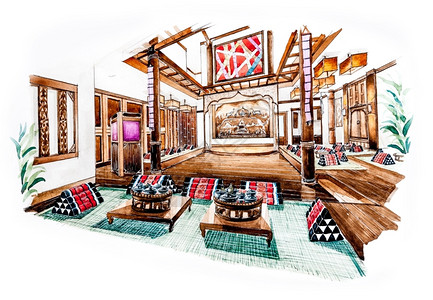 木头店铺素描泰国Lanna餐厅水彩色绘画设计图片