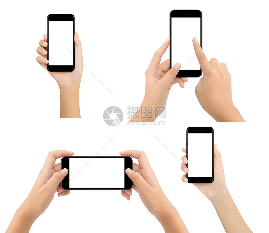 妇女手握电话空白屏幕在色背景上被孤立模拟现代智能手机嘲笑干净的白种人图片