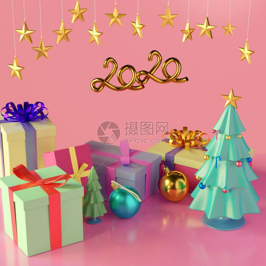 快乐的圣诞节绿色树和礼品盒有闪亮的球圣诞快乐和新年3D插图图片