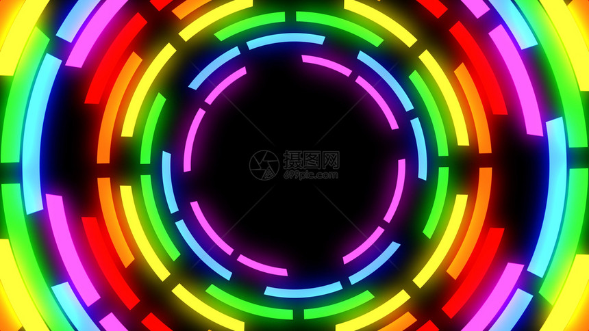 模糊3D以黑色背景的隧道洞为环形圆在黑色背景上旋转发光彩色圆环电的圈图片