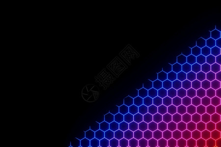 抽象彩色GlowingNeon电子六边形背景三维投影蓝色的插图六角形渲染高清图片素材