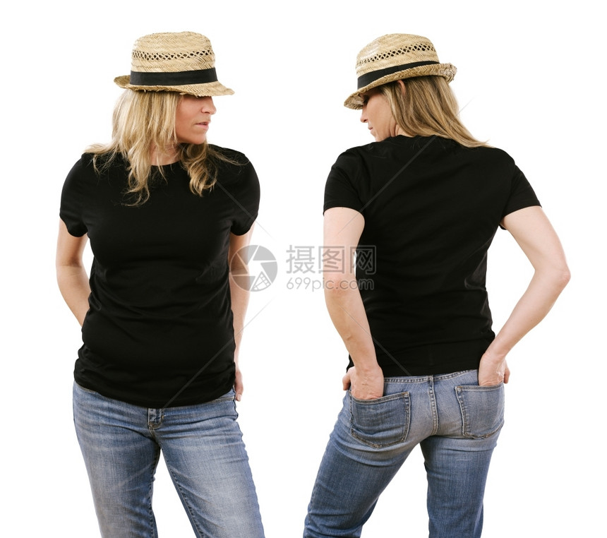 女士照片一位年轻金发美女身着黑衬衫穿空白黑衬衫准备设计或艺术作品者萨姆纳斯图片