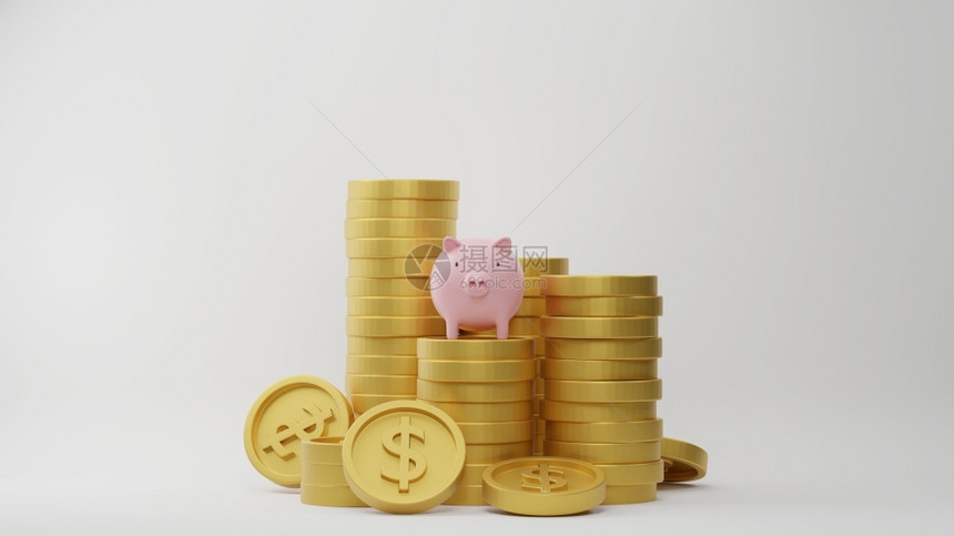 桩白色的钱3d为商业金融与储蓄资提供一叠美元硬币和粉红小猪银行的白色背景思想图片