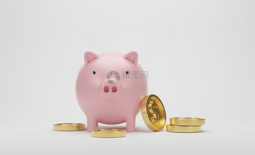 金属融的3d提供金币和粉红小猪银行在白底背景Idea商业金融与储蓄资的图片