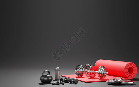 家健身房放运动设备红瑜伽垫小叮当瓶水黑色3D背景的哑铃设计图片