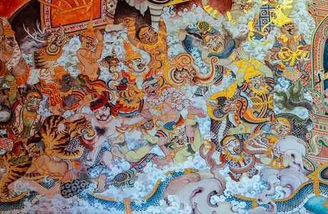 文学泰国SuphanBuri佛教寺庙壁画蛇徒图片