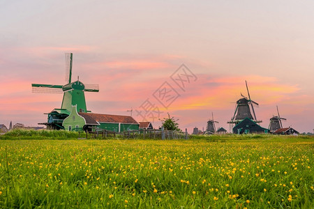 磨桑塞暮荷兰阿姆斯特丹日落时荷兰阿姆斯特丹传统古老村庄风车达屈图片