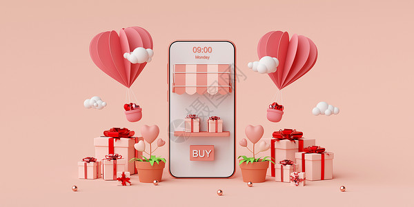 手机问候假期插图装饰配有礼品盒和心形气球的智能手机背景3D投影器设计图片