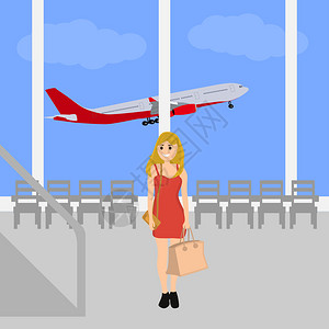 手提箱国际机场的电动插画女郎在国际机场的摄制器插画女郎平坦的乘客图片