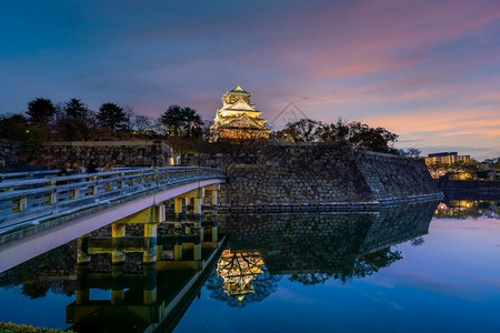 亚洲大阪城堡的暮光日落时在本樱花开季节东黄昏图片