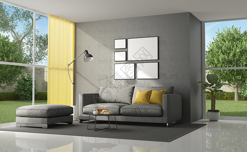 灰色的室外坐垫长椅渲染极简主义者一座现代别墅的客厅里面有灰色沙发和黄坐垫3D为一座现代别墅的客厅设计图片